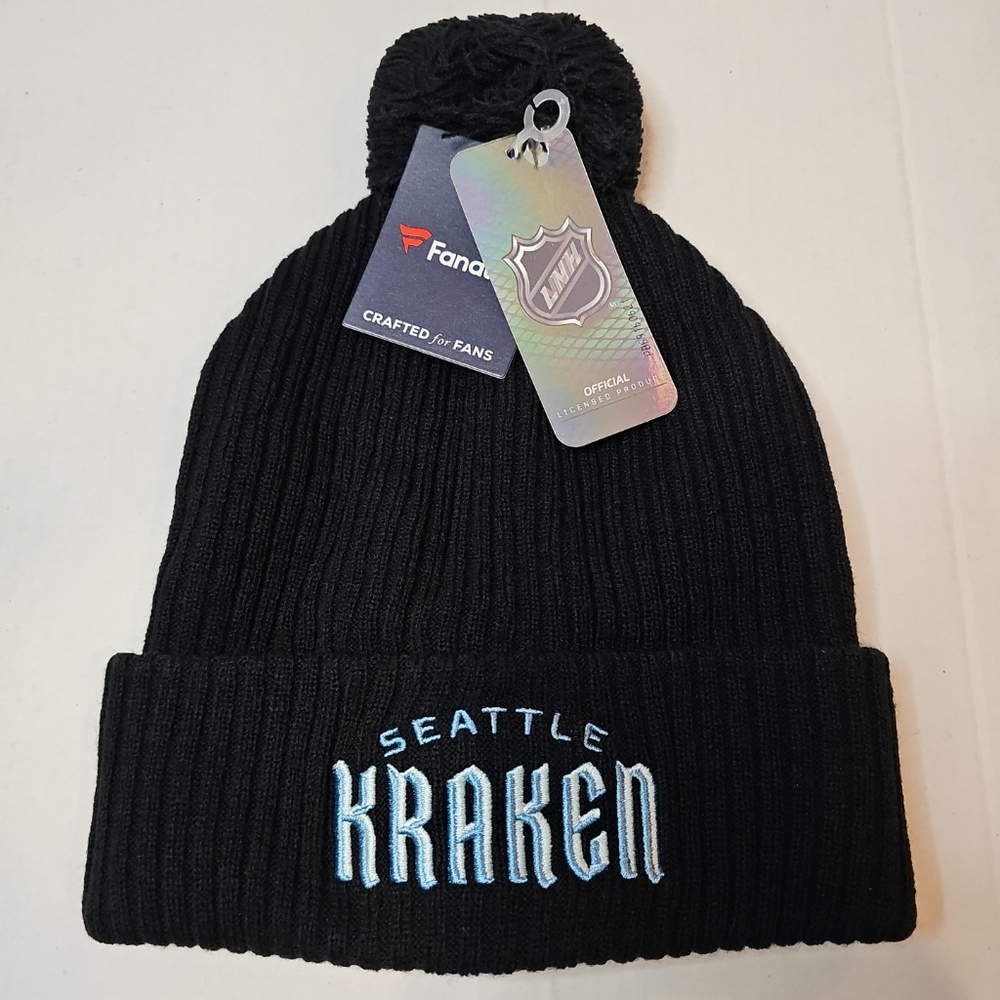 Seattle Kraken Fanatics Branded NHL Wordmark Logo Cuffed Knit Hat with Pom Black